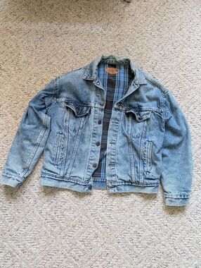 Vintage 80s Levi's Denim Trucker Jacket Blue Black Flannel Lined 70417 Type III
